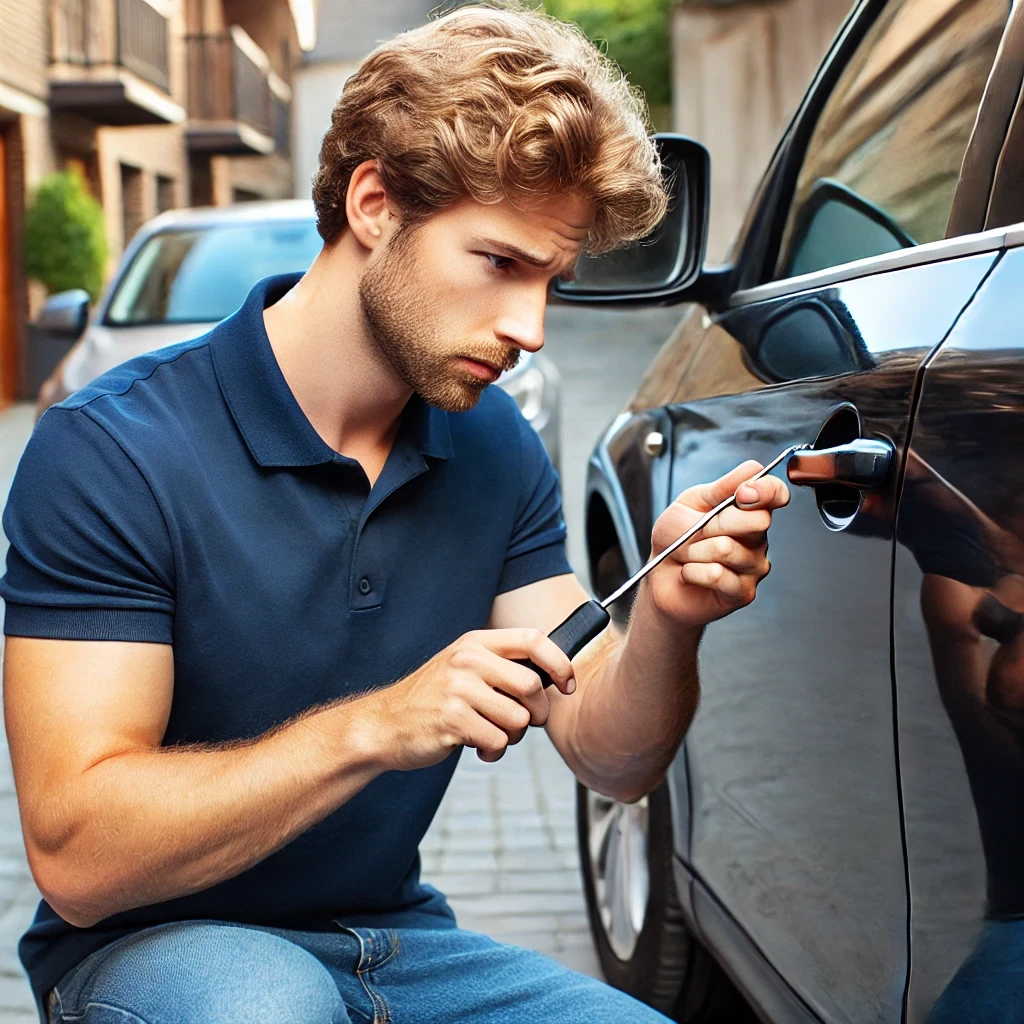 On Time Locksmiths - Locksmith technician opening a car door for a client with lost car keys. Auto locksmith london